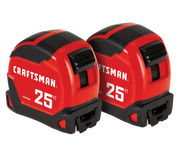 Photo of two Craftsman 25 ft tape measures, red and black, side view, model CMHT37265S.