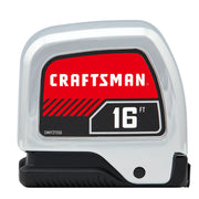 Photo of Craftsman tape measure CMHT37356S, 16 ft, chrome and black, front angle on white background.