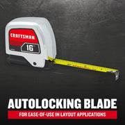 Photo of Craftsman 16 ft tape measure with autolocking blade, SKU CMHT37356S, shown from side with blade extended.