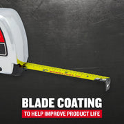 Photo of Craftsman tape measure CMHT37356S with extended yellow blade and visible blade coating for durability.