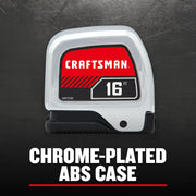 Photo of Craftsman tape measure CMHT37356S, 16 ft, chrome-plated ABS case, front view on dark background.