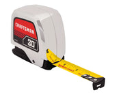 Photo of Craftsman 30 ft tape measure CMHT37370S, yellow blade, angled view on white background.