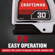 Close-up photo of Craftsman tape measure, SKU CMHT37370S, with easy operation lever and 30 ft label.