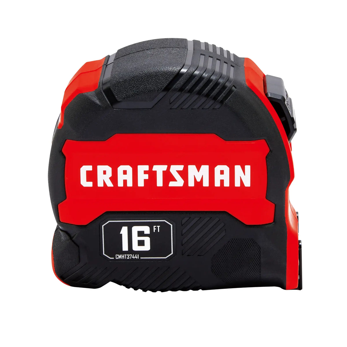 Photo of Craftsman tape measure CMHT37441S, black and red, 16 ft, side angle on white background.