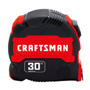 Front angle photo of Craftsman 30 ft tape measure CMHT37445S, black and red casing, bold logo.