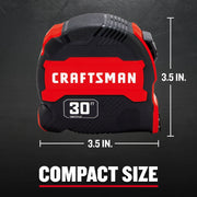 Photo of Craftsman 30 ft tape measure CMHT37445S, compact 3.5 inch size, red and black, front angle.
