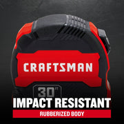Craftsman tape measure CMHT37445S, 30 ft, impact resistant rubberized body, front angle photo.