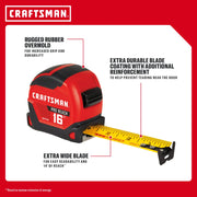 Photo of Craftsman 16 ft tape measure, red and black, rugged rubber overmold, SKU CMHT37556, angled view.