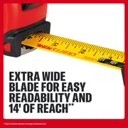 Craftsman tape measure CMHT37556S with extra wide yellow blade showing measurement marks, close-up angle.