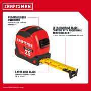 CRAFTSMAN 25 ft tape measure with rugged case, extra wide blade, and reinforced coating for durability.