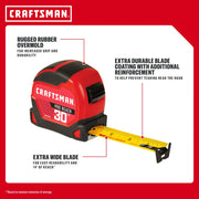 Photo of Craftsman 30 ft tape measure, CMHT37570S, red and black casing, extra wide blade, labeled features.