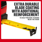 Photo of Craftsman tape measure CMHT37570S showing yellow blade with black hook tip, reinforcing blade durability.