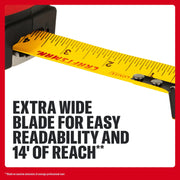 Photo of Craftsman tape measure CMHT37570S, yellow extra wide blade extended, bold black numbers, text highlights 14-foot reach.