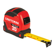 CRAFTSMAN Pro Reach 35 ft tape measure with black and red casing and extended yellow measuring tape.
