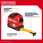 Photo of Craftsman 35 ft tape measure, red and black, SKU CMHT37575S, with rugged rubber overmold and extra wide blade.