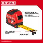 Photo of CRAFTSMAN magnetic tape measure CMHT37665S, red and black, 25 ft length, wide blade, magnetic hook, side angle.