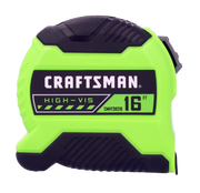A bright green and black Craftsman tape measure labeled 'High-Vis' and '16 ft', designed for improved visibility and measuring up to 16 feet.