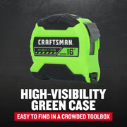 Photo of Craftsman high-vis green tape measure, 16 ft length, SKU CMHT38216S, frontal angle.