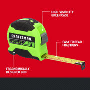 Photo of Craftsman tape measure with green high-vis case, ergonomic grip, model CMHT38216S, angled view.