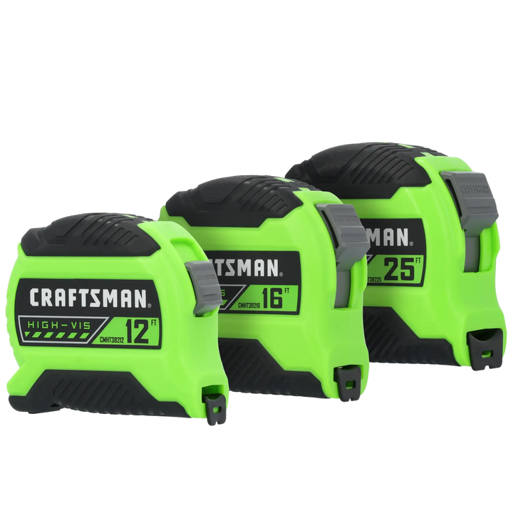 Photo of Craftsman tape measures CMHT38333S in high-visibility green with black and gray accents, front angle.