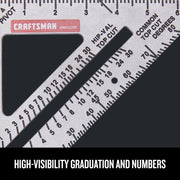 Photo of Craftsman rafter square CMHT42790 with high-visibility graduation and numbers, close-up angle.