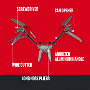 Craftsman multi-tool with red anodized aluminum handle, screwdriver, wire cutter, can opener, long nose pliers CMHT43998