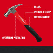 Photo of Craftsman hammer CMHT51399 with red fiberglass core, black grip, and labeled features on side view.