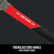 Photo of Craftsman hammer with fiberglass core handle, SKU CMHT51399, close-up highlighting red and black grip.