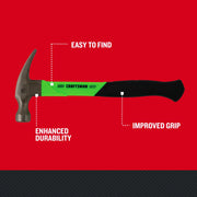 Photo of Craftsman claw hammer CMHT51400 with green handle, highlighted durability and grip, side view.