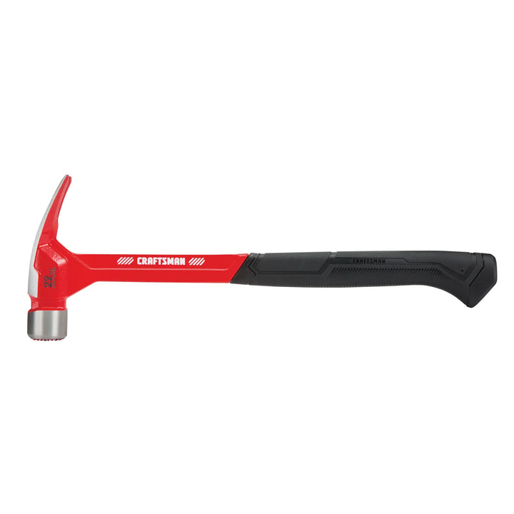 Craftsman CMHT51435 claw hammer with red handle and black grip, side view on white background.