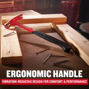 Photo of Craftsman hammer CMHT51435 with ergonomic handle on workbench, surrounded by wood and nails.