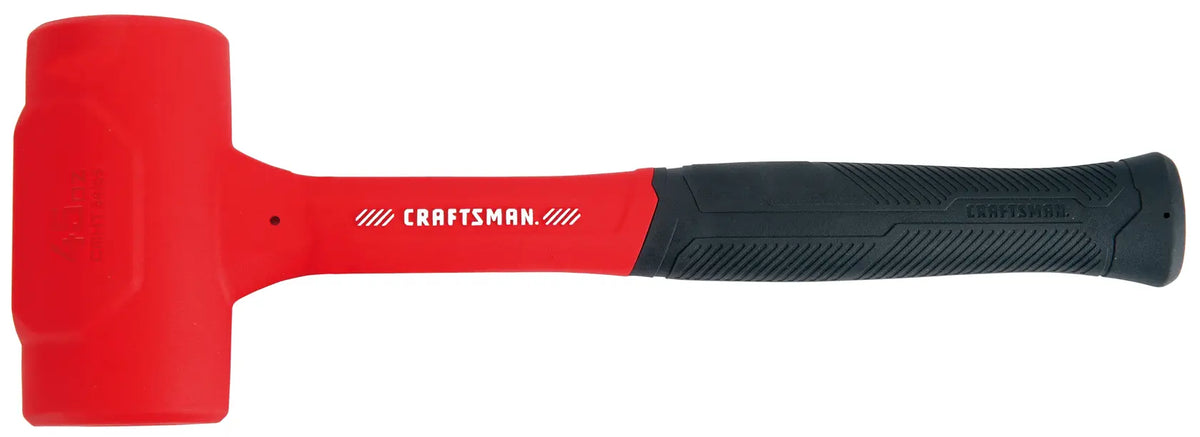 Photo of Craftsman red and black dead blow hammer CMHT54169, side angle, rubber handle and head.