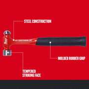 Photo of Craftsman 16 oz steel hammer CMHT54183 with molded rubber grip and tempered striking face, side angle on red background.