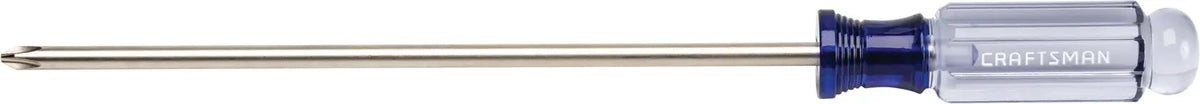 Photo of Craftsman CMHT65006 Phillips screwdriver with clear blue handle and long metal shaft, side view on white background.