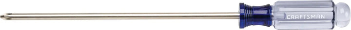 Photo of Craftsman CMHT65006 Phillips screwdriver with clear blue handle and long metal shaft, side view on white background.