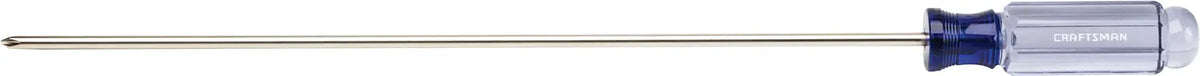 Craftsman extra-long Phillips screwdriver with clear blue handle, CMHT65008, side view on white background.