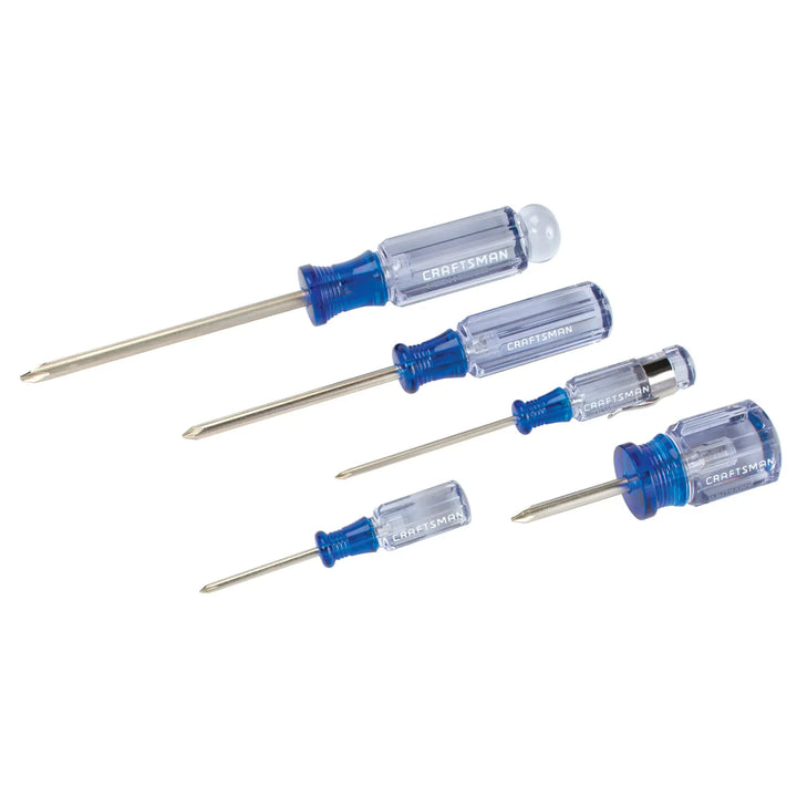 Photo of Craftsman CMHT65011 screwdriver set, four Phillips head screwdrivers with blue transparent handles, side view.