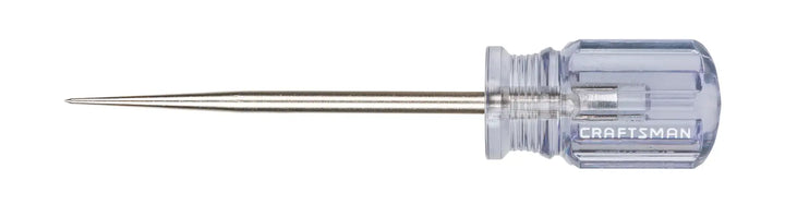 Photo of Craftsman CMHT65012 scratch awl with clear handle and steel shaft, side angle on white background.