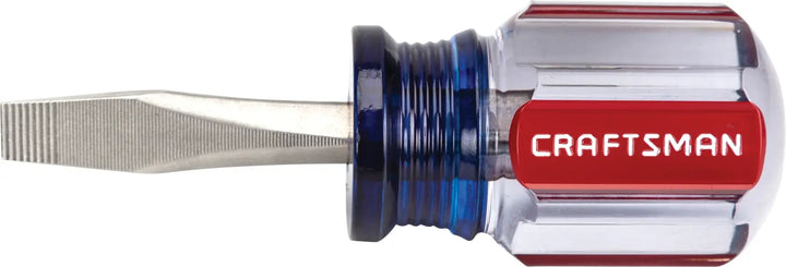 Photo of Craftsman CMHT65013 flathead screwdriver with clear and red handle, side angle on white background.