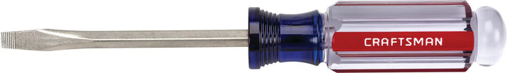 Craftsman flathead screwdriver CMHT65014, clear and red handle, side angle, white background.