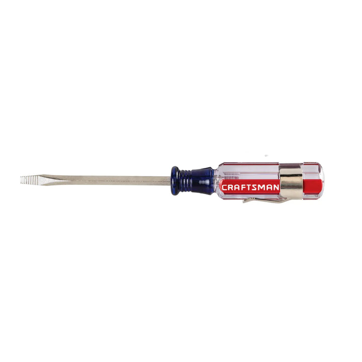 Photo of CRAFTSMAN flathead screwdriver with clear red handle, side view, SKU CMHT65017, hand tool category.