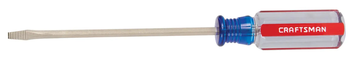 Craftsman flathead screwdriver CMHT65018 with clear and red handle, side view, white background.