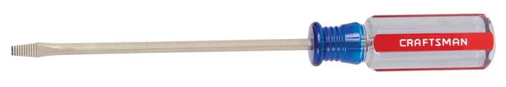 Craftsman flathead screwdriver CMHT65018 with clear and red handle, side view, white background.