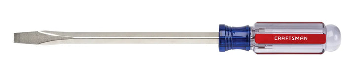 Photo of Craftsman flat head screwdriver CMHT65026 with clear blue and red handle, side angle on white background.