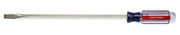 Craftsman flathead screwdriver CMHT65027 with long metal shaft and red transparent handle, side view on white.