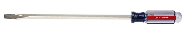 Craftsman flathead screwdriver CMHT65027 with long metal shaft and red transparent handle, side view on white.