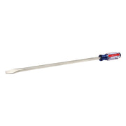 Photo of Craftsman CMHT65028 flathead screwdriver with long chrome shaft and transparent blue and red handle, side angle.