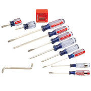 Craftsman CMHT65044 screwdriver set with mixed handle screwdrivers, magnetizer tool, and offset screwdriver on white background.