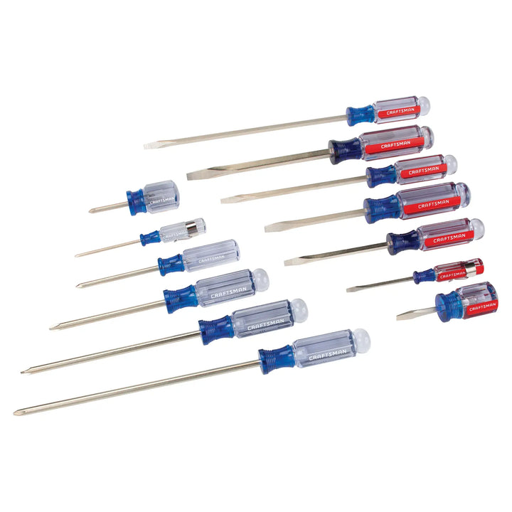 Photo of Craftsman CMHT65045 screwdriver set with red and blue handles, flat and Phillips heads, white background.