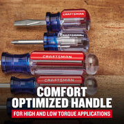 Photo of CRAFTSMAN screwdrivers CMHT65045 with red and blue comfort grip handles on a wooden surface.